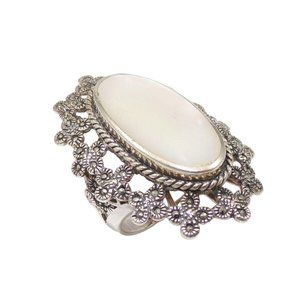 Sterling Silver MOP Marcasite Halo Cocktail Ring Size 7